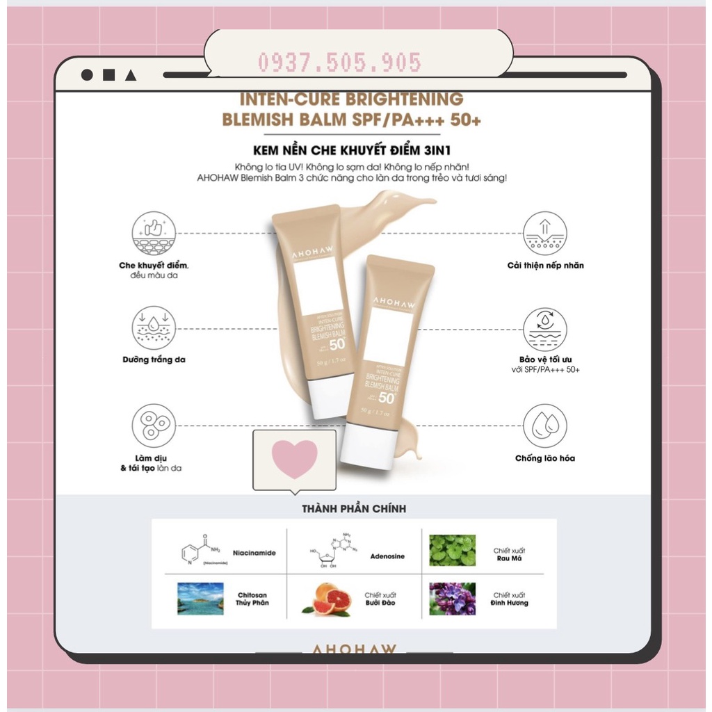 KEM NỀN CHE KHUYẾT ĐIỂM 3 IN 1 - AHOHAW BRIGHTENING BLEMISH BALM SPF/PA +++50+