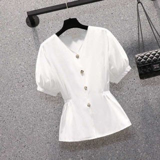 Áo peplum Kiểu Cổ V Bo Tay Phối Nút Sành Điệu