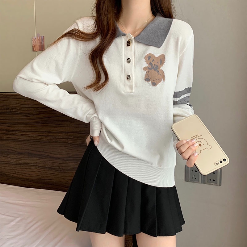Áo polo Dệt Kim Tay Dài Thêu Hình Gấu Hoạt Hình Phong Cách Mùa Thu Dành Cho Nữ