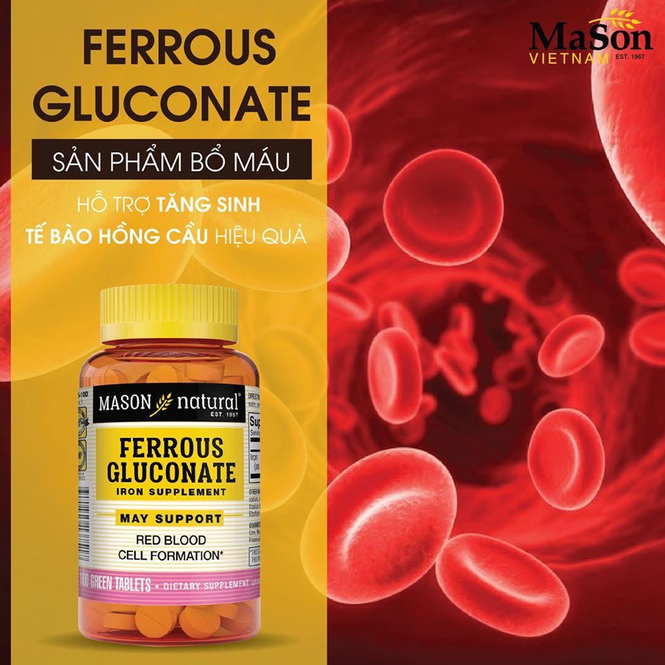 Viên Uống Bổ Máu, Tăng Tế Bào Hồng Cầu Mason Natural Ferrouse Gluconate 100 Viên