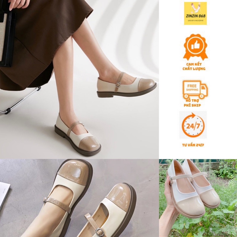 Giày lolita vá mũi da bóng đế 3cm phong cách vintage( mũi kem bóng thân trắng bóng)