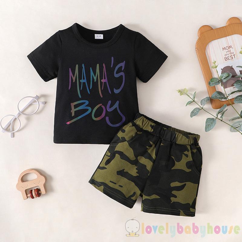 Set Đồ Mùa Hè 2 Món Gồm Áo Thun Tay Cộc Cổ Tròn In Chữ + Quần Eo Thun In Họa Tiết Rằn Ri Cho Bé Trai
