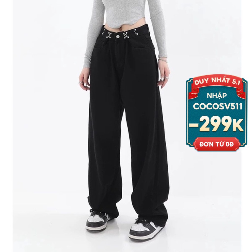 Quần jeans dài cạp cao dáng thụng, quần dài jeans unisex_j24