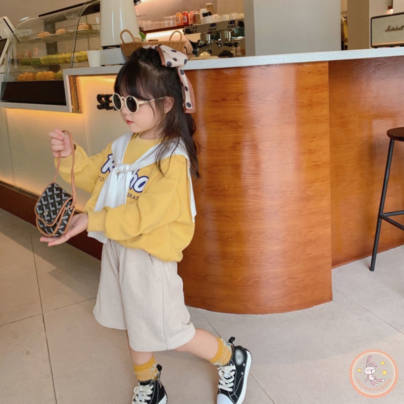 Áo Thun Sweater Cổ Tròn Tay Dài In Chữ Phối Khăn Choàng Kiểu Hàn Quốc Dễ Thương Cho Bé Gái