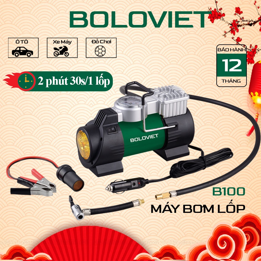 Máy bơm lốp mini Boloviet B100, Bơm lốp ô tô, xe máy, xe đạp sử dụng điện 12v - Bảo hành 12 tháng
