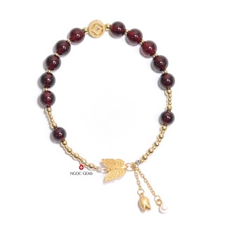 Vòng tay Garnet 7mm - mix charm mạ vàng Hoa Nụ - mix Ngọc Trai rơi - Ngọc Gems