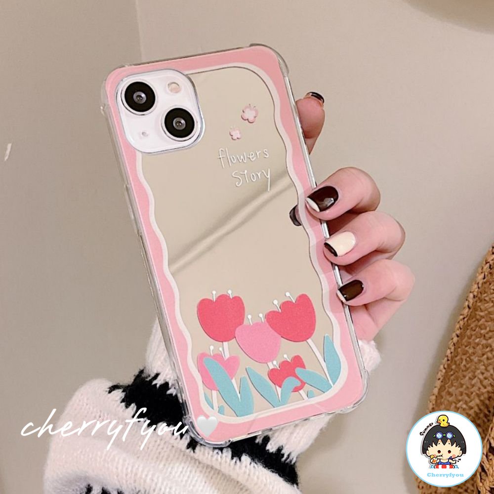 Ốp Điện Thoại TPU Mềm Chống Sốc Tích Hợp Gương Trang Điểm Họa Tiết Hoa Tulip Cho IPhone 14 13 12 11 Pro Max XS XR 8 7 Plus