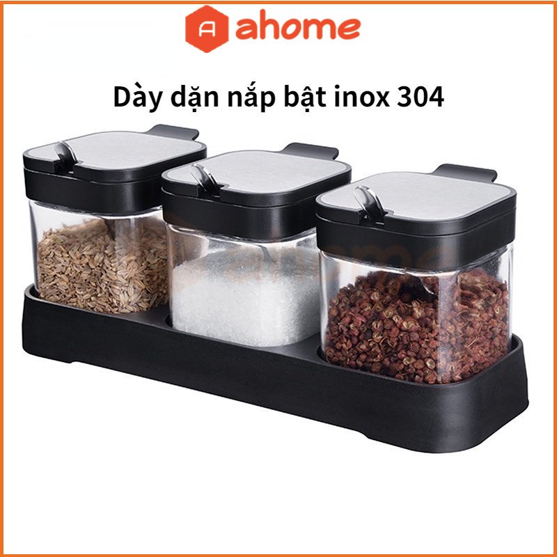 Bộ Hũ Gia Vị Thủy Tinh Dày Dặn Nắp Bật INOX 304, Có Thìa Múc Kèm Khay Đựng Phong Cách Nhật Bản Tinh Tế（thìa miễn phí）Ahome