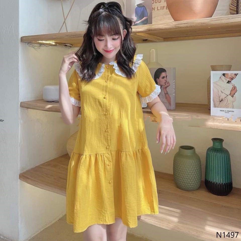Đầm bầu công sở mùa hè cổ sen babydoll đuôi cá chất đũi tơ vàng mỡ gà