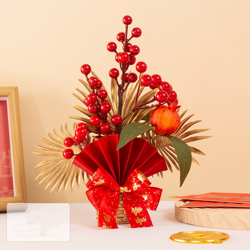 Chậu hoa phong thủy màu đỏ - Cành hoa đào đông - Cành Lá Vàng Hút Tài Lộc Trang Trí Nhà Dịp Lễ Tết Năm Mới