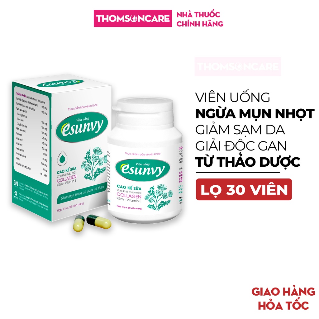 Viên uống ngừa mụn Esunvy - Giúp thanh nhiệt, giải độc, giảm mụn, sạm da, ngừa vết thâm từ thảo dược Hộp 30 viên