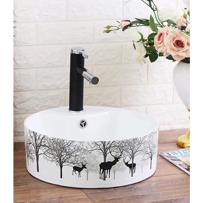 Chậu lavabo rửa mặt MISSION chữ nhật Men Nano Trắng Sáng Sứ Cao Cấp kiểu đặt bàn Hoa Văn hình Hươu siêu đẹp