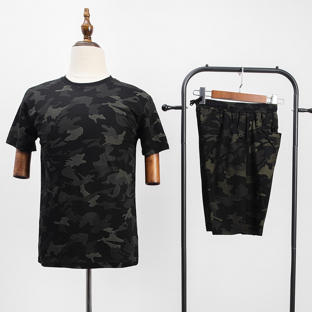 Bộ Thể Thao Nam 100% Cotton Camo Cổ Tròn Set Quần Lửng Áo Cộc Rằn Ri B5