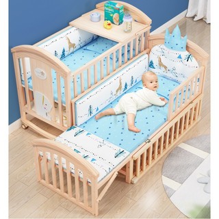 Cũi cho bé 2 tầng gỗ thông cỡ đại 120*70cm, Nôi cũi gỗ cho bé (Full Bộ Đệm,Quây, Màn)- Ankyo Store