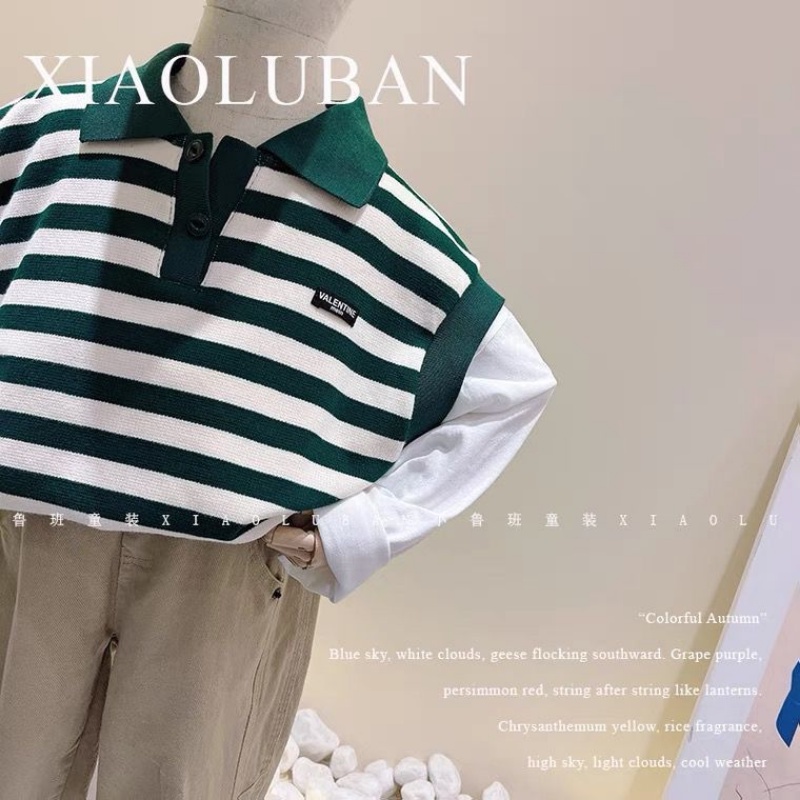 Set Áo Sơ Mi Dài Tay Họa Tiết Sọc + Áo Khoác Ghi Lê Thời Trang Cho Bé