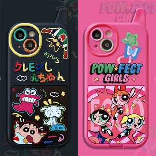 Ốp điện thoại gương nắp gập họa tiết cậu bé bút chì / Powerpuff Girls hoạt hình cho iPhone 14 13 12 11 pro max i14pro