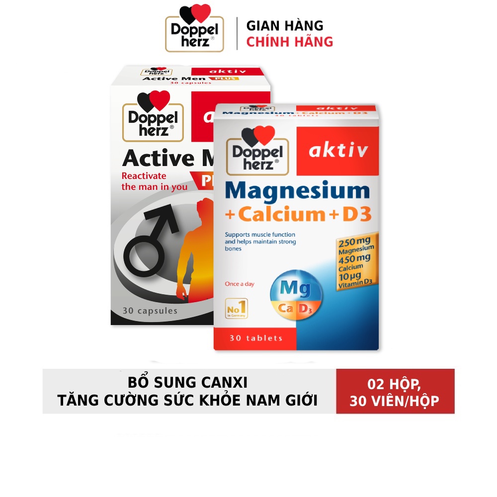 Bộ đôi bổ sung canxi, tăng cường sức khỏe nam giới Doppelherz Magnesium Canxi D3 + Active Men Plus (02 hộp, 30 viên/hộp)