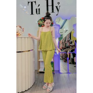 Set bộ áo 2 dây kèm quần dài, set bộ quần áo suông cột nơ freesize hình thật
