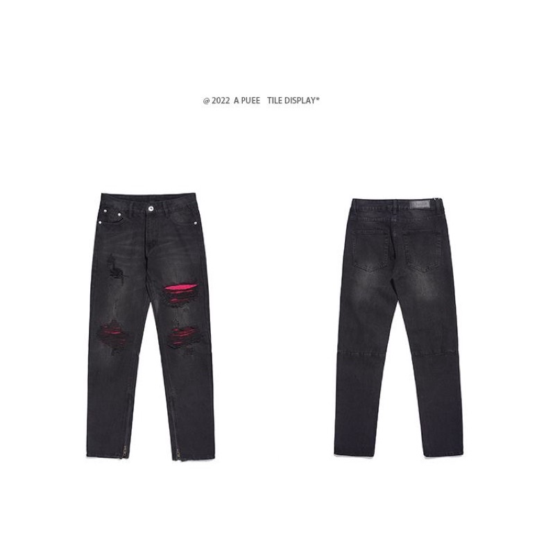 Quần Jean "BlackPink x FireOnFire" rách gối zipper skinny, miếng vá màu hồng.
