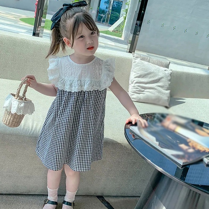 Đầm Công Chúa Cổ Tròn Phối Ren Họa Tiết Sọc Caro Ngọt Ngào Thời Trang Mùa Hè Cho Bé Gái