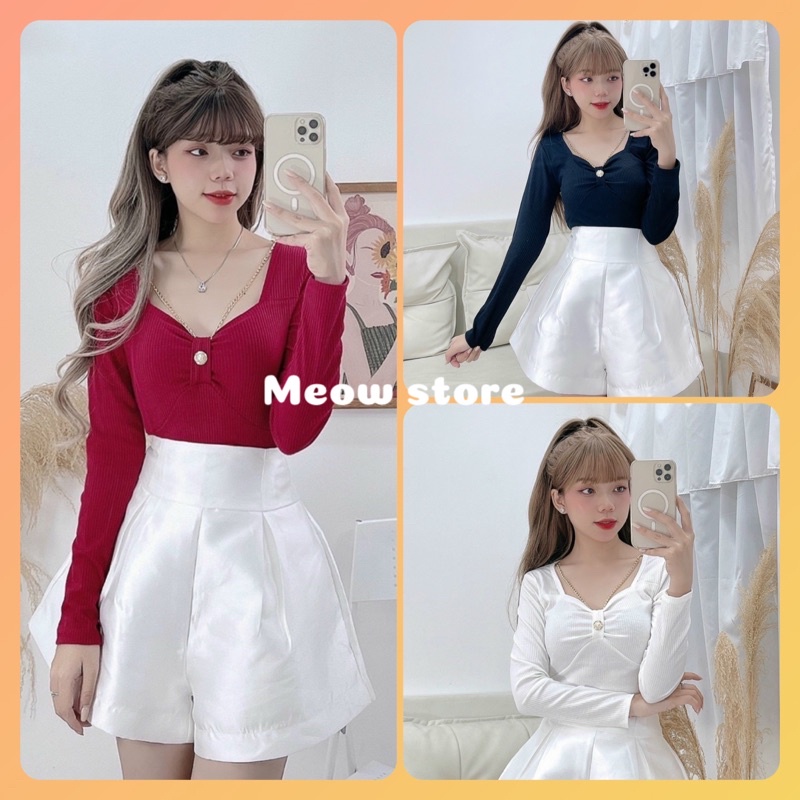 Áo kiểu tay dài phối khuy xích đi chơi Tết