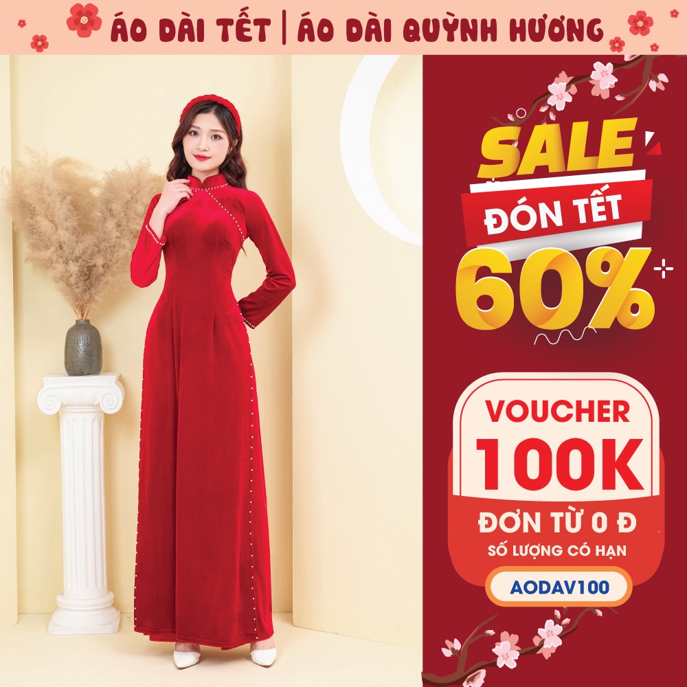 Áo dài Tết nhung đỏ cổ truyền thống tay dài đính hạt trai chéo cổ by Quỳnh Hương