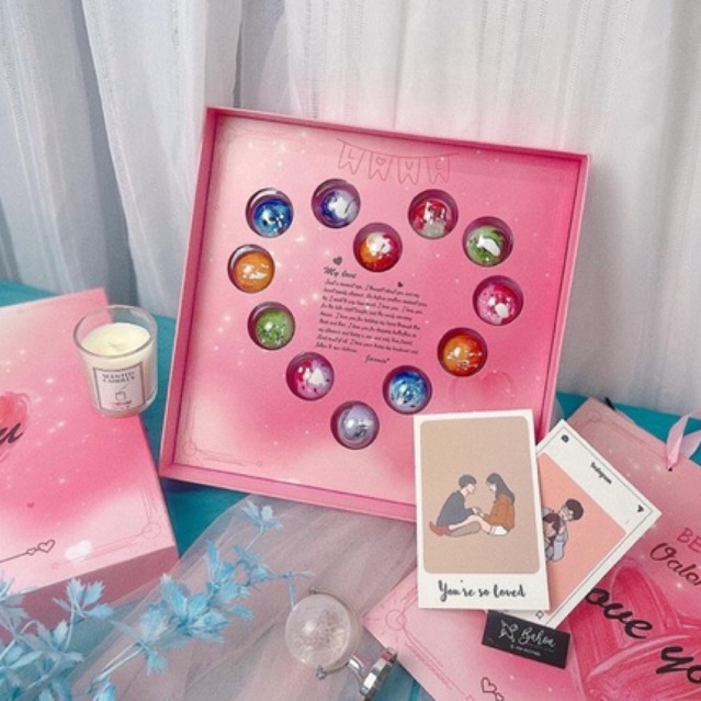 Set hộp bonbon hồng tim kèm túi (hộp cứng cáp)