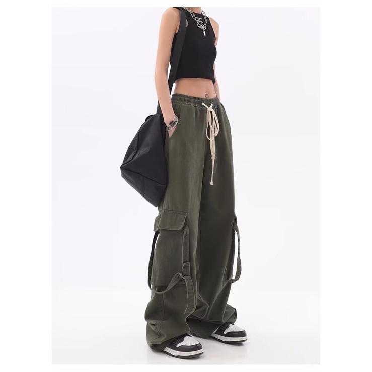 Daduhey Quần dài thời trang Âu Mỹ dáng rộng nhiều túi phong cách hàng ngày