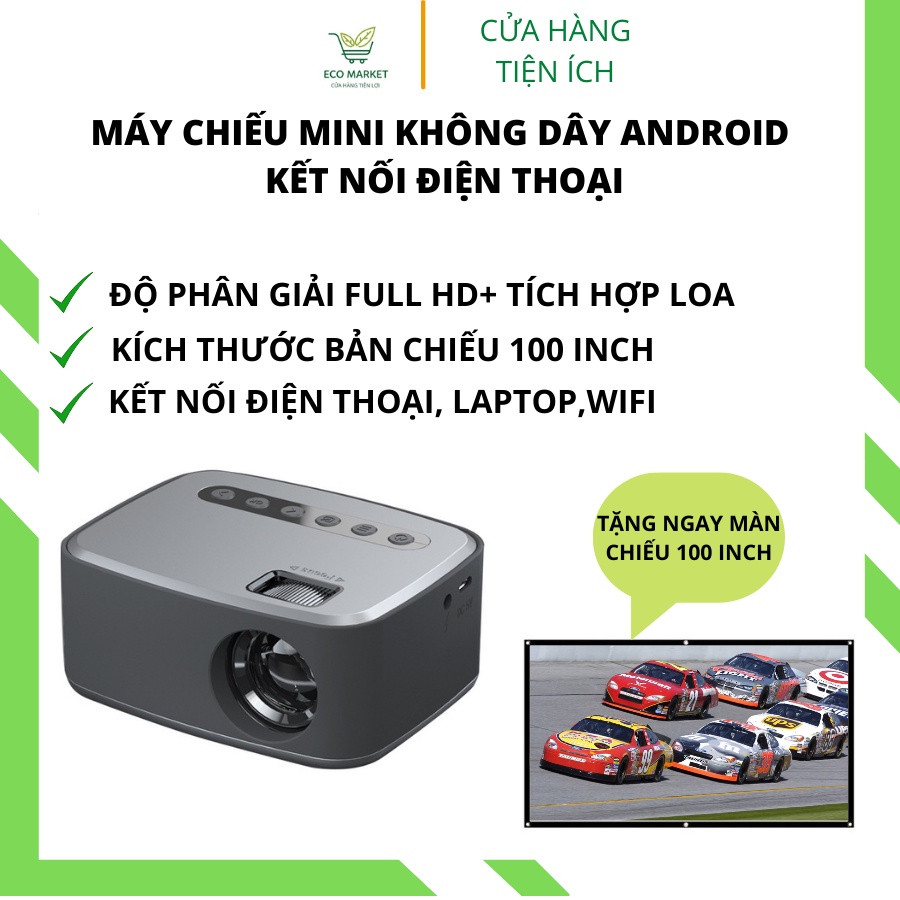 Máy chiếu mini tại nhà, máy chiếu mini FULLHD kết nối không dây với điện thoại tặng kèm màn chiếu 100 Inch - SET2192