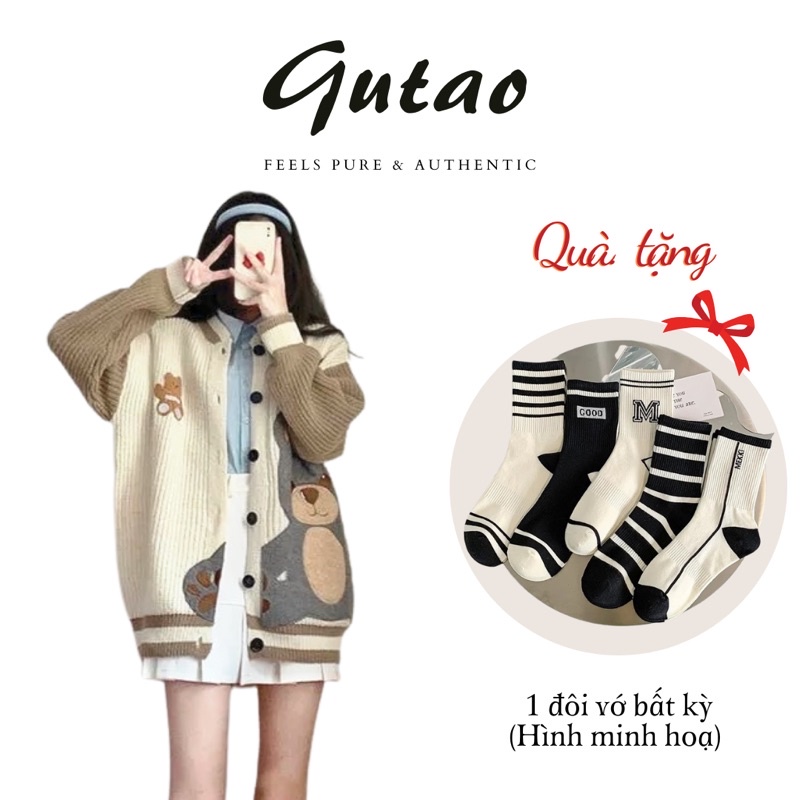 Áo khoác bomber cardigan màu kem chất len đan cao cấp, hình thêu con gấu cho dành nam nữ- Gutao