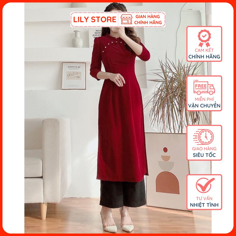 Áo Dài Đỏ Đô LILY STORE, Áo Dài Cách Tân Nhung Tay Lửng Đính Nút Kèm Quần Suông Đen Hàng Thiết Kế Đủ Size.