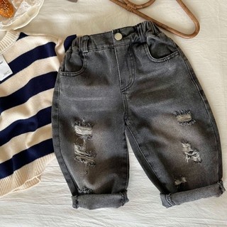Quần jeans rách lưng thun gài nút style Hàn cho bé
