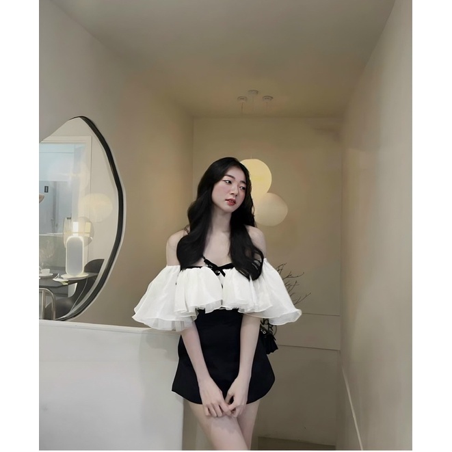 Jum Đùi Trễ Vai Dây Thắt Nơ Tơ Óng Tapta Lưng Thun