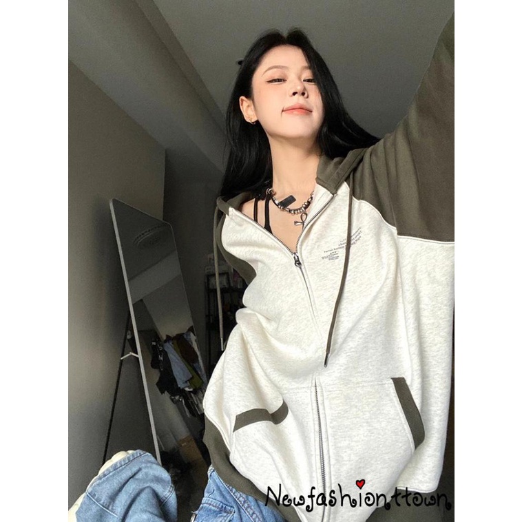 Áo Khoác Tay Dài Dáng Rộng Có Khóa Kéo Phối Màu Tương Phản Y2K Phong Cách Cổ Điển Thời Trang Cho Nữ