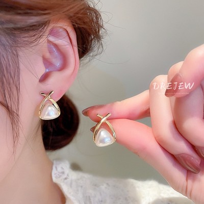 DREJEW Bông Tai Mạ Bạc Hình Chữ Thập Đính Ngọc Trai Phong Cách baroque Sang Trọng