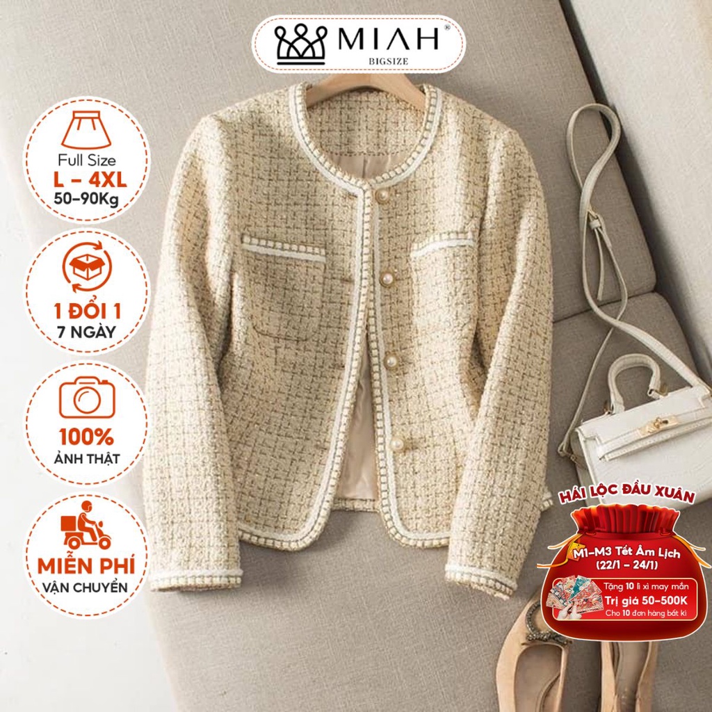 Áo khoác dạ Karma bigsize nữ chất dạ tweed 2 lớp thiết kế cúc ngọc sang chảnh đi tiệc đi chơi MIAH BIGSIZE AK0006