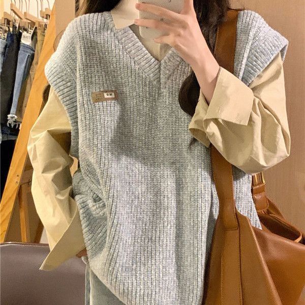 Áo Dệt Kim Sát Nách Cổ Chữ V Màu Xám Thời Trang Mùa Thu Cho Nữ Sinh