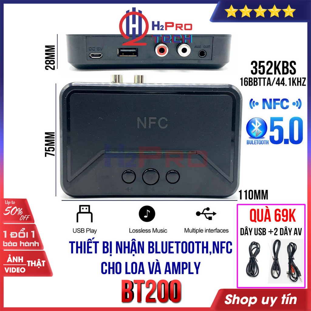 Thiết Bị Nhận Bluetooth Không Dây BT200 NFC Cho Loa Và Amply, Usb-Av-Aux, Thiết Bị Nhận Bluetooth 5.0 BT200 Cao Cấp