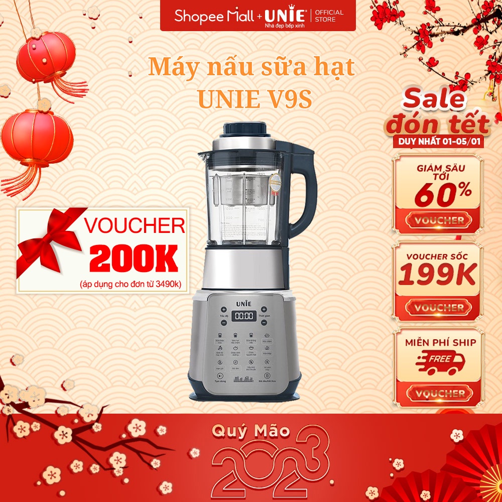 Máy làm sữa hạt Unie V9S, công suất 1800W, dung tích 1.75L, tự làm sạch sấy cối thủy tinh chịu nhiệt