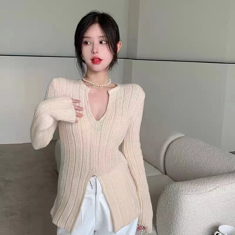 Áo NZN tay dài cổ chữ V màu trơn thiết kế xẻ tà thời trang mùa xuân cho nữ