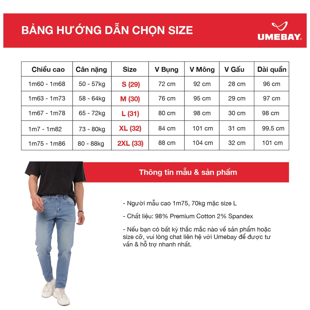 Quần jean nam slimfit Umebay UMJ310, rin bò co giãn form basic skinny trẻ trung