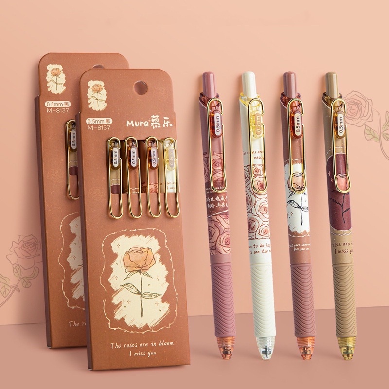 Set 4 Bút Bi Mực Đen Ngòi 0.5mm, Bút Gel Mura Hình Hoa Hồng Phong Cách Retro