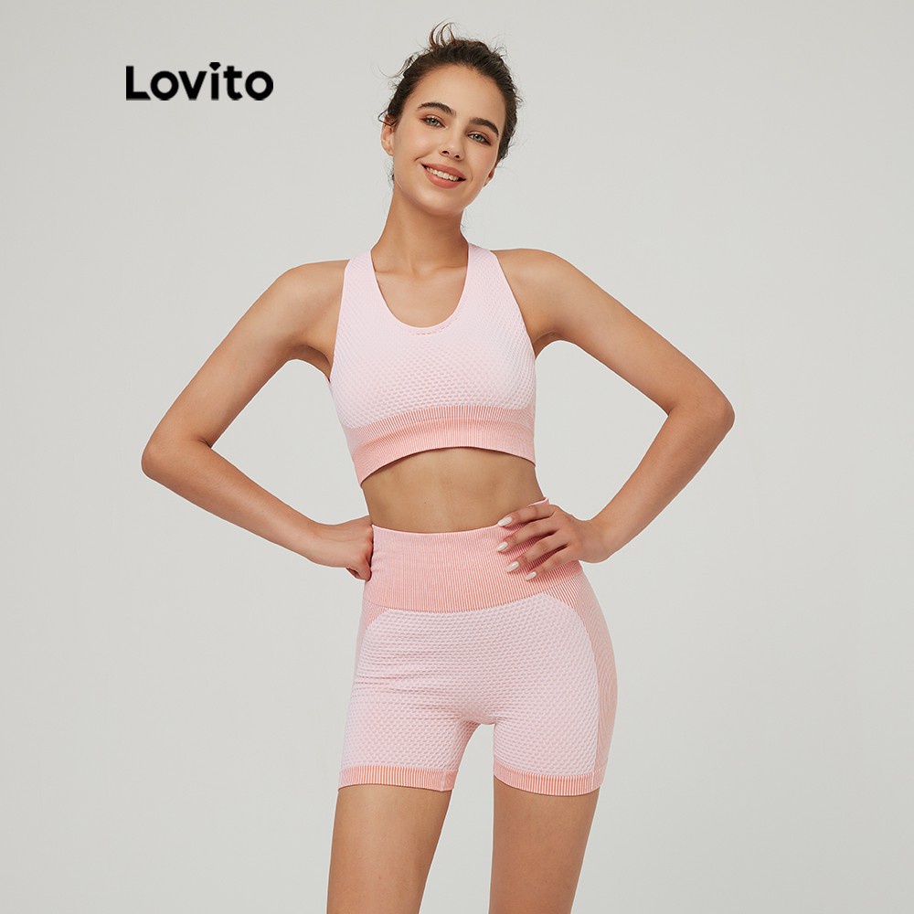 Bộ đồ thể thao Lovito ôm dáng dệt thoi kiểu bánh quế nhanh khô không tay cổ tròn màu trơn L03117 (hồng)