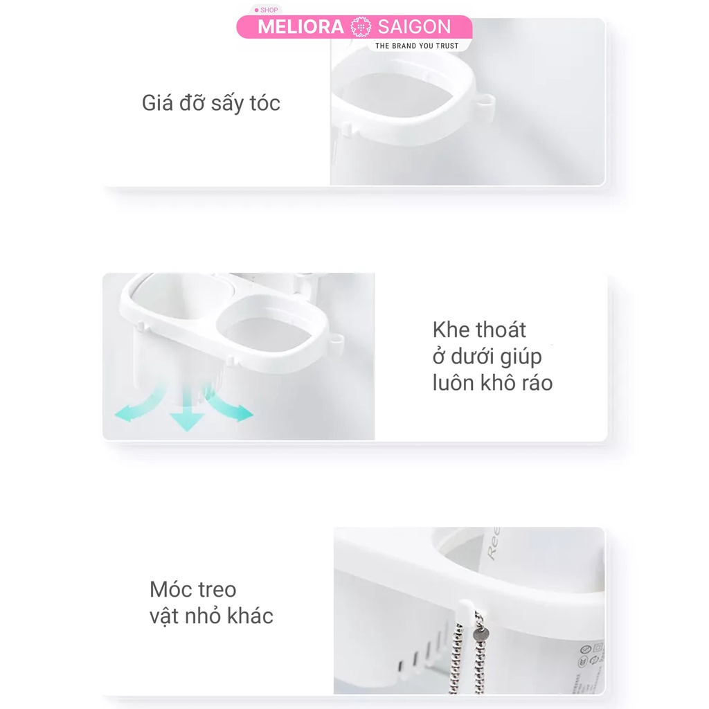 Giá đỡ máy sấy tóc có kệ đựng bàn chải đánh răng cao cấp MELIORA tải 10kg chống nước treo tường hút chân không SG597