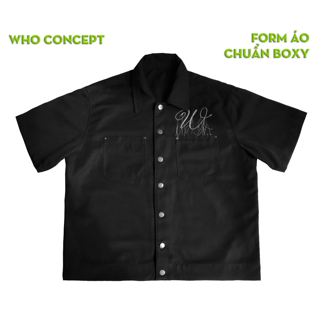 Áo sơ mi tay ngắn WHO CONCEPT, sơ mi boxy màu đen, nút kim loại