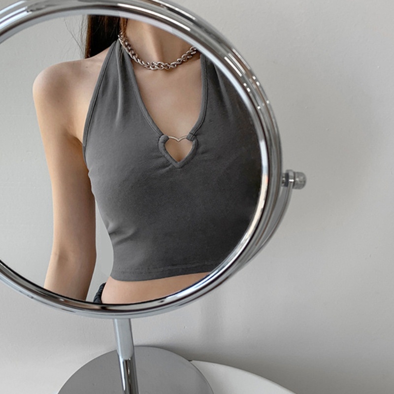 Áo Croptop Sát Nách Cổ Chữ V Màu Trơn Có Vòng Kim Loại Ôm Dáng Gợi Cảm Cho Nữ