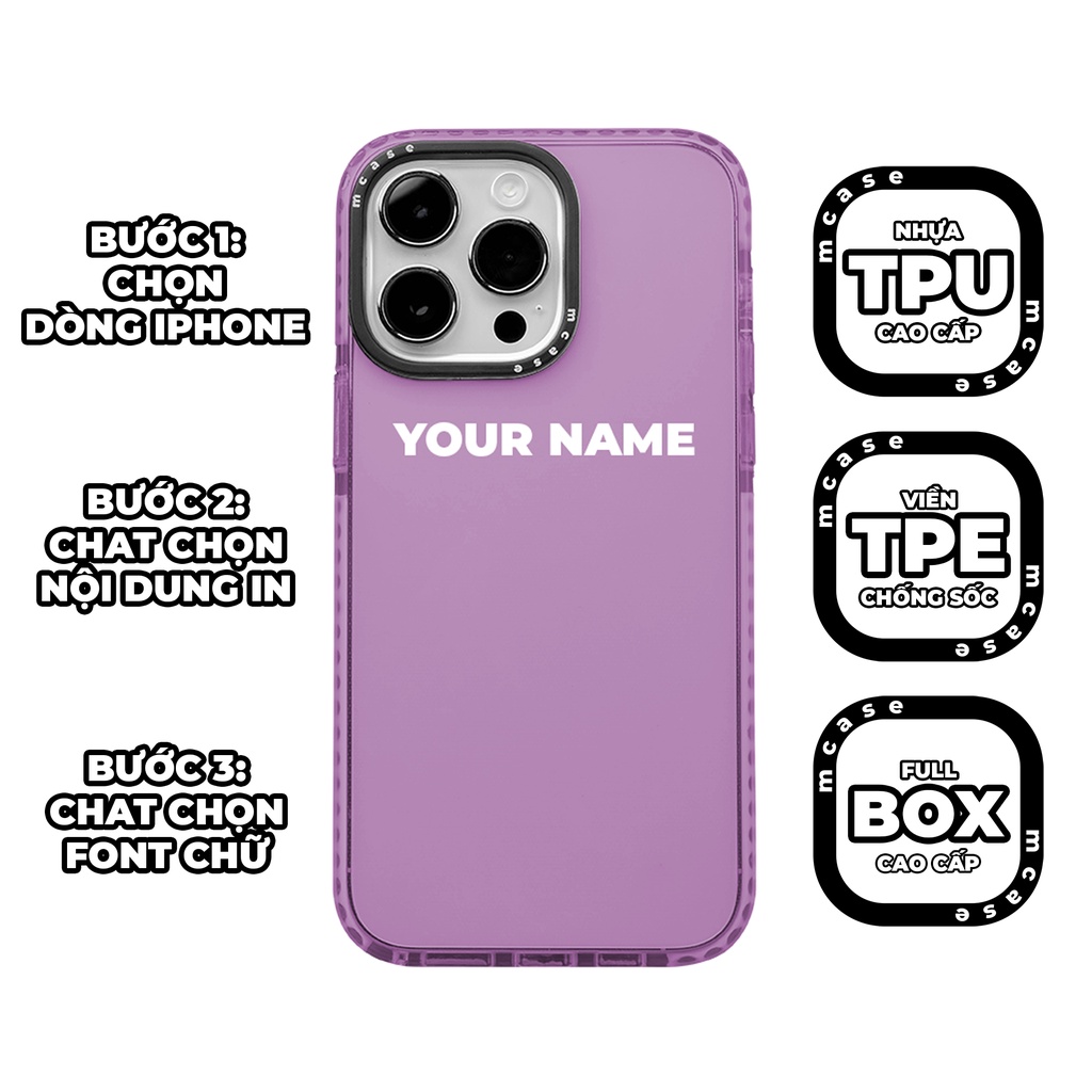 Ốp lưng iPhone chống sốc tím pastel trong suốt in tên theo yêu cầu kiểu 1 chính hãng full box Mcase