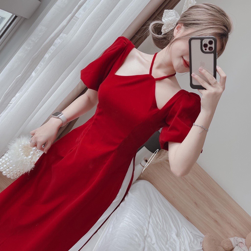 Áo Dài Cách Tân Nữ Nhung Hàn Cổ Yến Tay Phồng Siêu Trắng Da