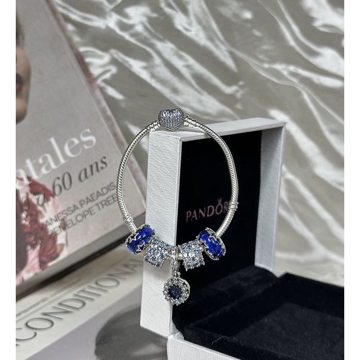 Lắc tay mềm Pandora khoá tim bạc kèm 5charm