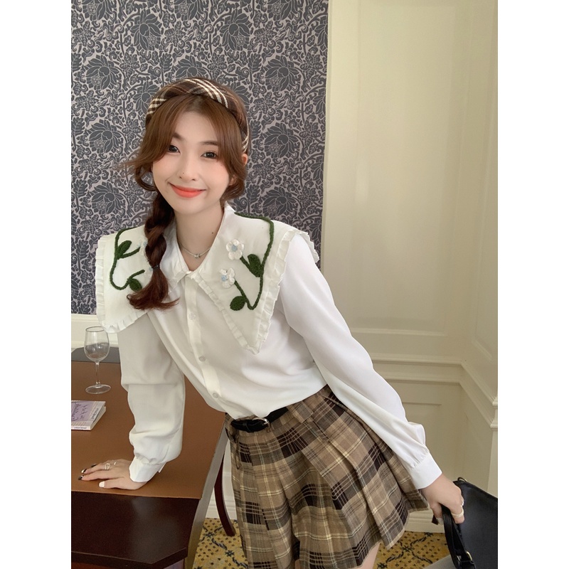 Áo Nữ Tay Dài Cổ Búp Bê Thêu Hoa Phong Cách Hàn Quốc